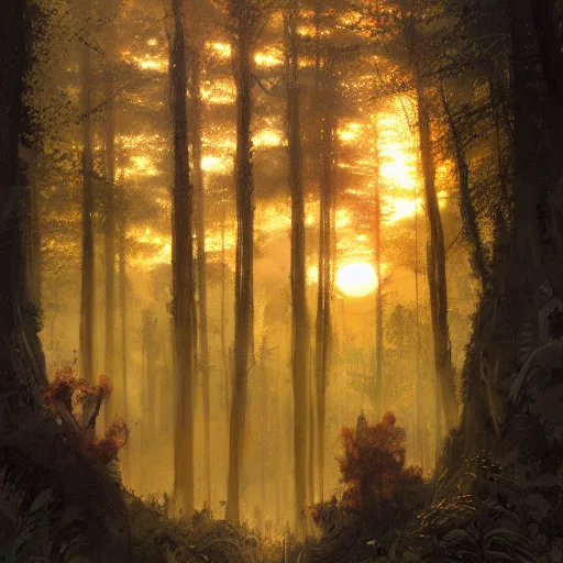 Image similar to view from window, beautiful forest, sunset, high detail, dramatic light, digital art, dark, painted by seb mckinnon and greg rutkowski, trending on artstation