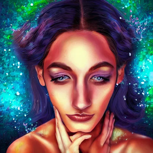 Image similar to painting of a beautiful woman's face, doorway to another world in the middle of her forehead, digital art