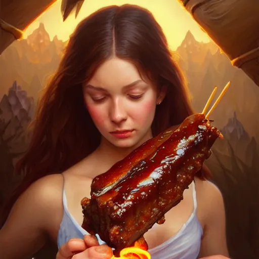 Image similar to Sasha Reid Eating BBQ Ribs, dripping BBQ Sauce, D&D, fantasy, intricate, elegant, highly detailed, digital painting, artstation, concept art, matte, sharp focus, illustration, hearthstone, art by Artgerm and Greg Rutkowski and Alphonse Mucha