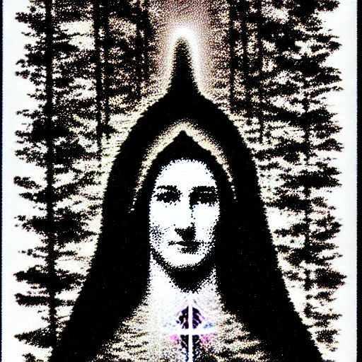 Image similar to marian apparition in forest, high contrast, found footage, vhs, 1 9 9 0, beautiful, highly realistic, highly detailed, vhs noise static, black and white, vhs glitch