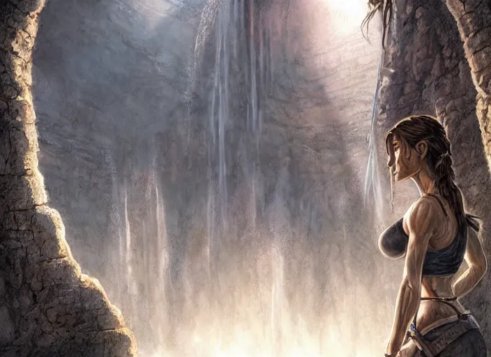 Prompt: face portrait of amazed unclothed Lara Croft entering the large Minas Tirith gate, sun beams, intricate, elegant, highly detailed, centered, digital painting, artstation, concept art, smooth, sharp focus, illustration, Allan Lee, John Howe