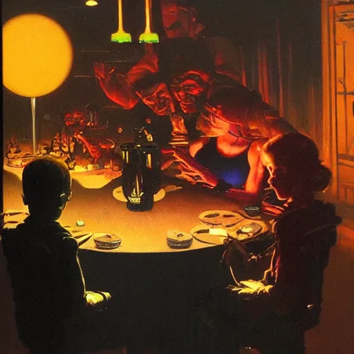 Prompt: a dark and colorful close - up of a sci - fi family dinner with led lights glowing fog in the background. highly detailed science fiction painting by norman rockwell, frank frazetta, and syd mead. rich colors, high contrast, gloomy atmosphere, dark background. trending on artstation