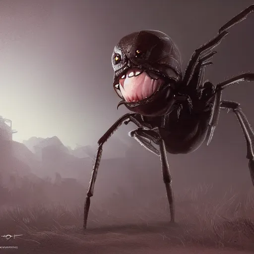 Image similar to human child with the body of a spider, black eyes, sharp teeth, intricate, detailed, volumetric lighting, scenery, digital painting, highly detailed, artstation, sharp focus, illustration, concept art,