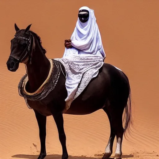 Image similar to beautiful burqa's woman, ride horse in saharan, dress like taliban, sharp eyes, detailed face, white skin, beautiful tatted hands, riffle on chest, detailed horse, detailed sit position, dust, cinematic, dynamic pose, pinterest