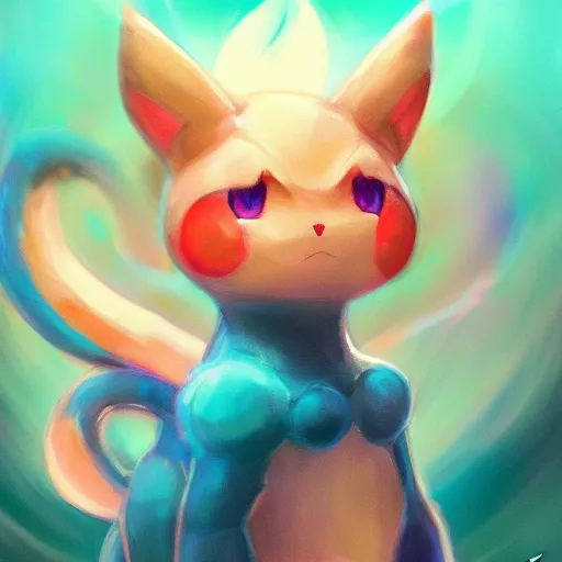 Image similar to cinematic portrait of beautiful Mew Pokemon on blue bubble, oil on canvas, masterpiece, trending on artstation, featured on pixiv, cinematic composition, dramatic pose, beautiful lighting, sharp, details, hyper-detailed, HD, HDR, 4K, 8K