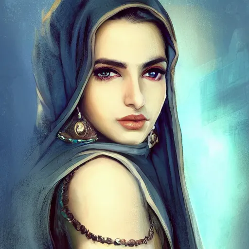 Prompt: Beautiful Arab Ameera Al taweel, blue eyes, leather, portrait, fantasy, medieval, oil colors, elegant, concept art, sharp focus, beautiful face, digital art, Hyper-realistic, 4K, Unreal Engine, Highly Detailed, HD, Dramatic Lighting by Brom, by beeple, studio ghibli, wallpaper, highly detailed, trending on artstation