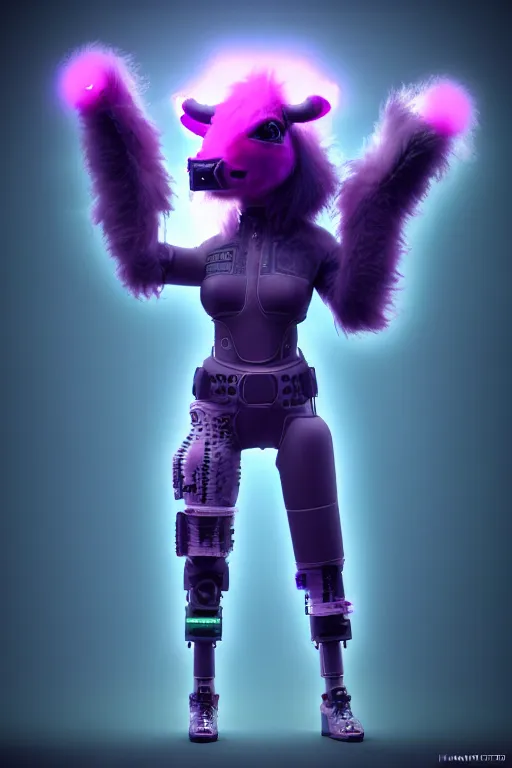 Image similar to high quality 3 d render cyberpunk very cute cyborg fluffy! cow hybrid!, highly detailed, unreal engine cinematic smooth, in the style of blade runner & detective pikachu, hannah yata charlie immer, purple neon light, low angle, uhd 8 k, sharp focus