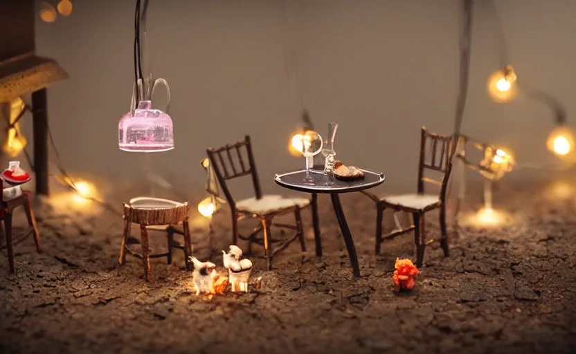 Prompt: mini cafe for mice diorama macro photography, ambient, atmospheric photograph, string lights, romantic