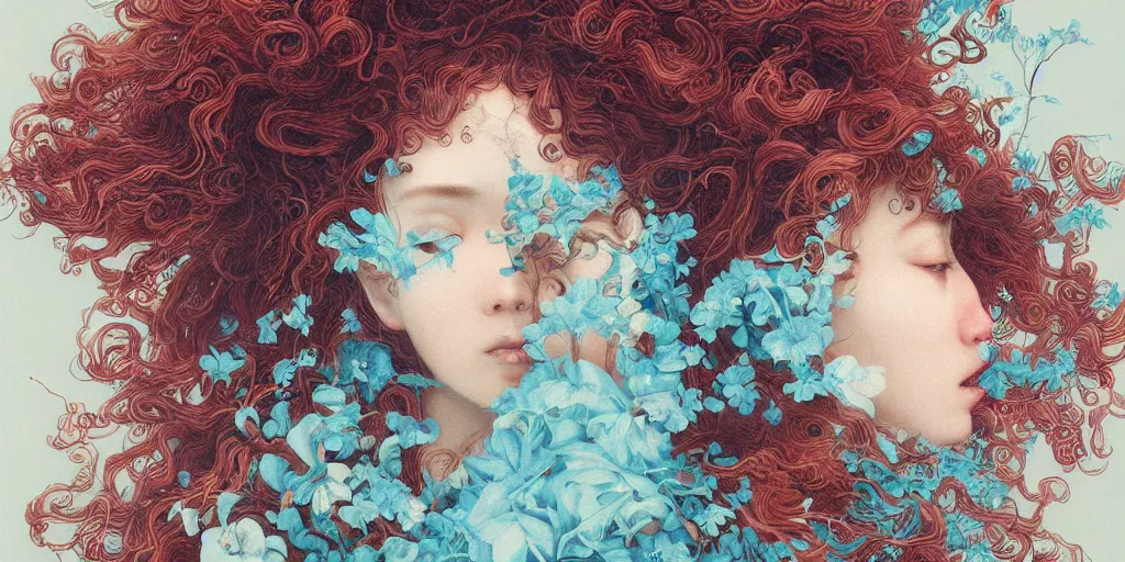 Prompt: breathtaking detailed concept art painting blend of few red curly hair goddesses of light blue flowers by hsiao - ron cheng with anxious piercing eyes, vintage illustration pattern with bizarre compositions blend of flowers and fruits and birds by beto val and john james audubon, exquisite detail, extremely moody lighting, 8 k