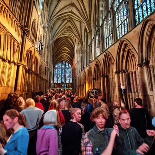 Image similar to 9 0 s rave inside exeter cathedral. flash photography