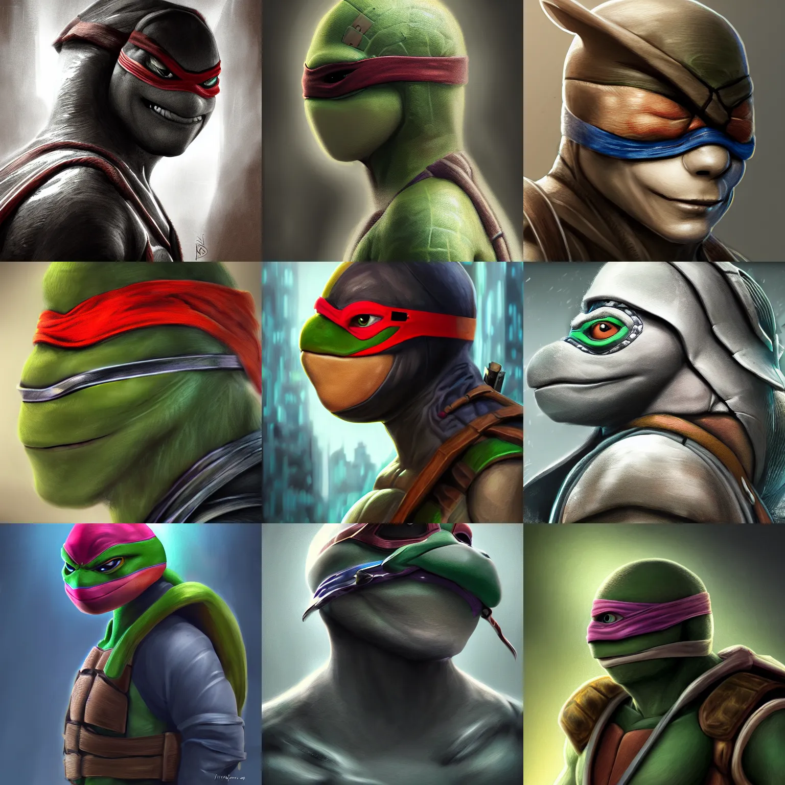 Prompt: profile portrait, teenage mutant ninja turtle, ivan lopez style, aurora digital package, profile portrait, cyberpunk fashion, realistic shaded perfect face, fine details, very dark environment, misty atmosphere, closeup, fantasy, intricate, elegant, highly detailed, digital painting, artstation, concept art, matte, sharp focus, illustration