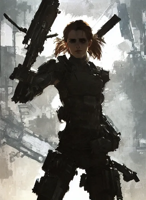 Image similar to emma watson wearing metal gear armor dramatic lighting cinematic cinematic lighting art by Richard Schmid by Yoji Shinkawa by greg rutkowski