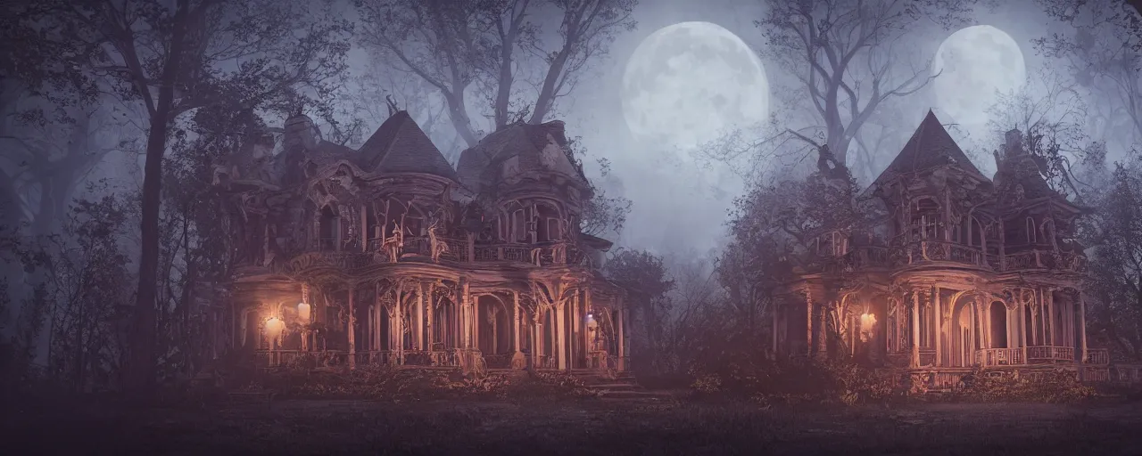 Image similar to A haunted Mansion in the middle of the woods at night during the Lunar Eclipse, evil, demonic, enchanting, angelic, flowers, nature, city, symmetry, environment concept, cinematic, Rendered in Octane, trending on artstation, cgsociety, moody lighting rendered by octane engine, environment 8K artstation, cinematic lighting, intricate details, 8k detail post processing, hyperealistic, octane render, photo realism, visually inspired by Stephen King