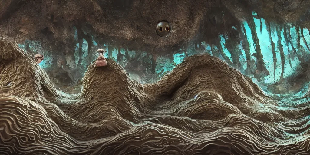 Image similar to of an intricate muddy water with strange cute friendly happy creatures with huge eyes, long tongue, round teeth and goofy funny face, appearing from the background, in the style of gehry and gaudi, macro lens, shallow depth of field, ultra detailed, digital painting, trending artstation, concept art, illustration, cinematic lighting, photorealism, epic, octane render