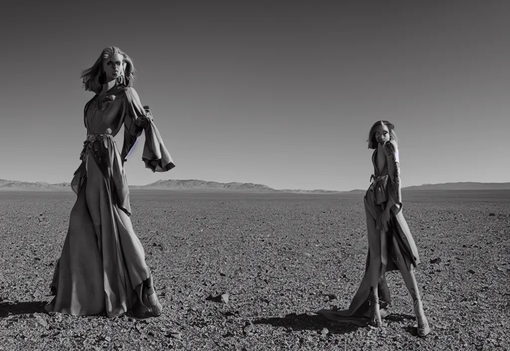 Prompt: fashion editorial in nuclear explosion on Nevada desert. wide angle shot. highly detailed. depth of field. high definition. 8k. photography.