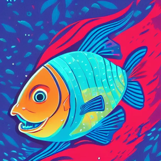 Image similar to one stylized fish with saturated colors viewed in profile in the dark ocean filled with complex sparkles and patterns, artstation, intricate, realistic, highly detailed, digital painting, concept art, sharp focus, illustration by tom whalen and charles williams and kilian eng and james jean