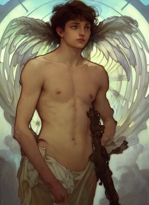 Prompt: digital character concept art by artgerm and greg rutkowski and alphonse mucha. portrait of a young fourteen year old boy, like a young god, icarus with wings, beautiful, holding a staff, detailed, poster art, light effect, glowing, hyper detail, intricate, elegant, digital painting, artstation, smooth, sharp focus