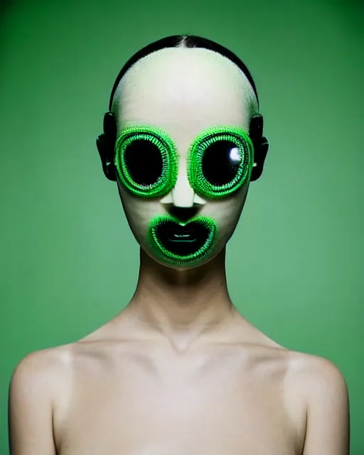Image similar to symmetrical portrait of a woman wearing a green embroidered translucent silicone mask and white frizzy hair buns, wearing a black bodysuit by alexander mcqueen, cream white background, soft diffused light, biotechnology, humanoide robot, futuristic aesthetic, translucent, ethereal, intricate details, highly detailed, masterpiece,