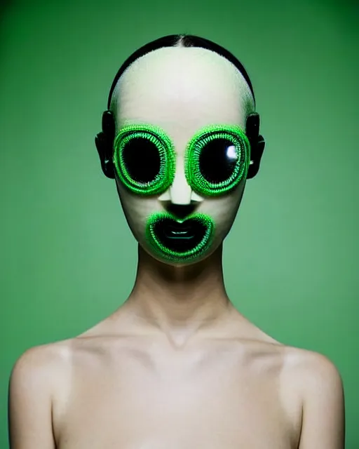 Prompt: symmetrical portrait of a woman wearing a green embroidered translucent silicone mask and white frizzy hair buns, wearing a black bodysuit by alexander mcqueen, cream white background, soft diffused light, biotechnology, humanoide robot, futuristic aesthetic, translucent, ethereal, intricate details, highly detailed, masterpiece,