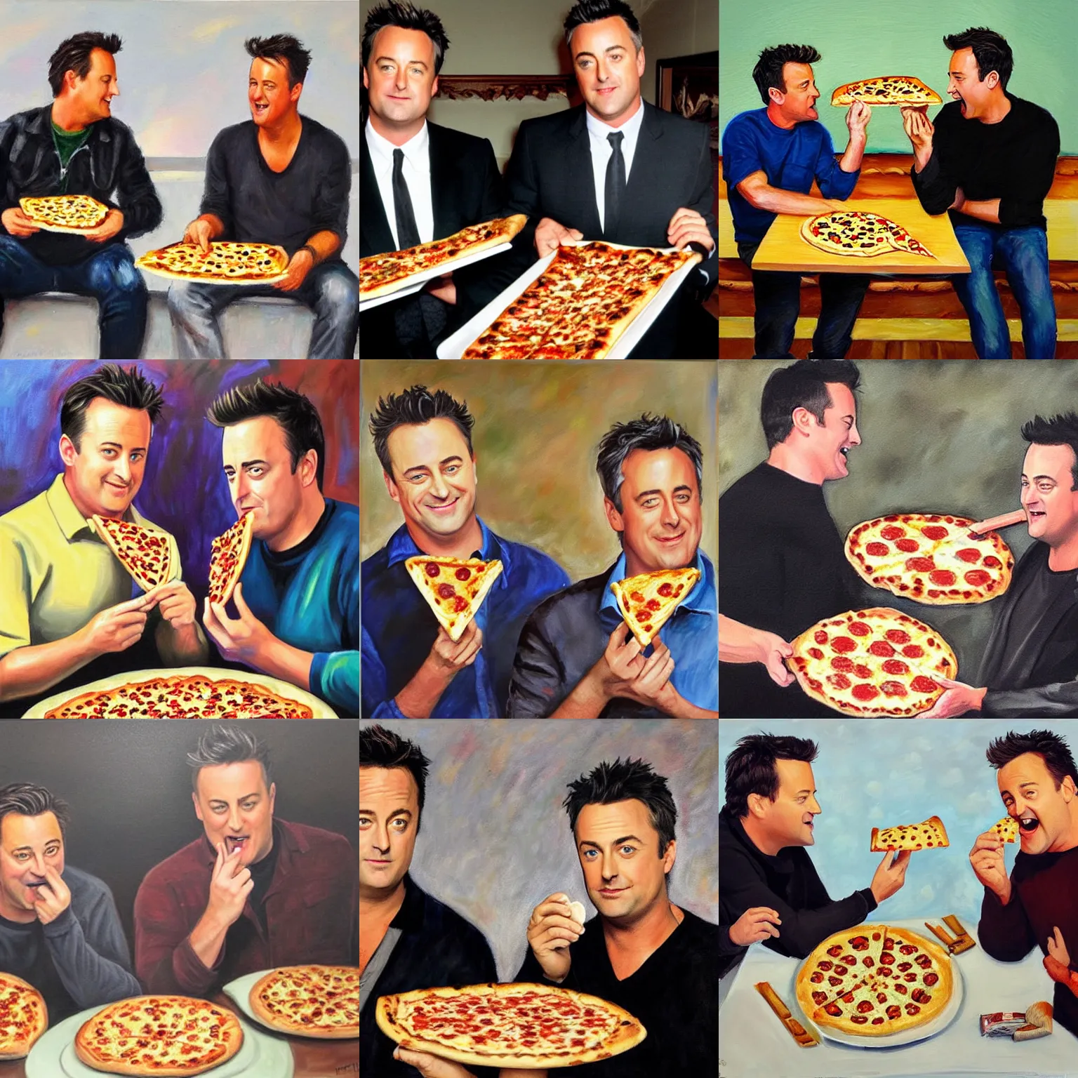 Prompt: Matthew Perry and matt leblanc eating pizza, oil painting