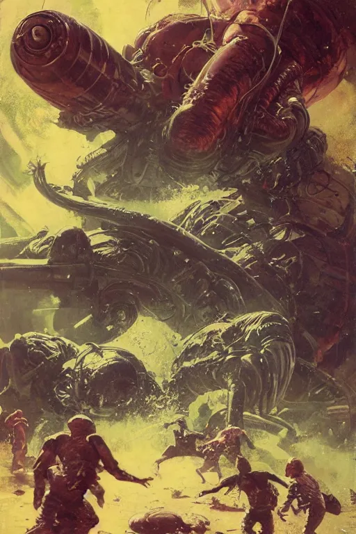 Image similar to huge slimy huge pig attacks, dynamic action on alien planet, by norman rockwell, jack kirby, jon berkey, earle bergey, craig mullins, ruan jia, jeremy mann, tom lovell, marvel, astounding stories, 5 0 s pulp illustration, scifi, fantasy