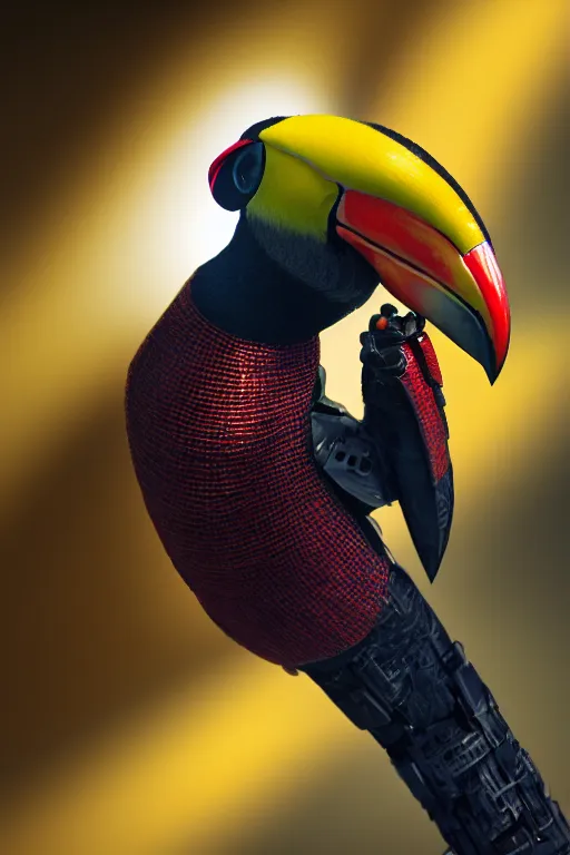 Prompt: a telephoto of a cyborg toucan, dynamic pose, chrome parts, glowing power source, intricate details, intricately detailed textures, warm lighting, vivid colors, realistic octane render, hyper realistic render, volumetric shading, depth of field, raytracing, 8 k,