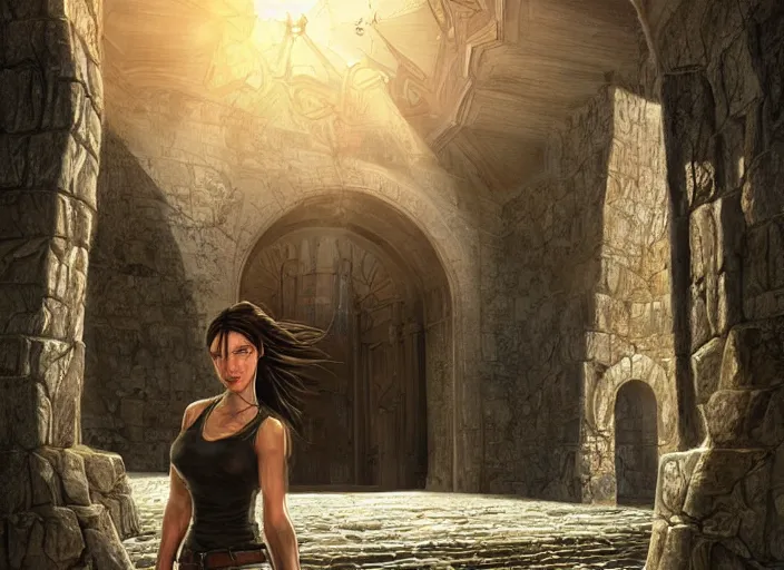 Prompt: face portrait of amazed bare Lara Croft entering the large Minas Tirith gate, sun beams, intricate, elegant, highly detailed, centered, digital painting, artstation, concept art, smooth, sharp focus, illustration, Allan Lee, John Howe