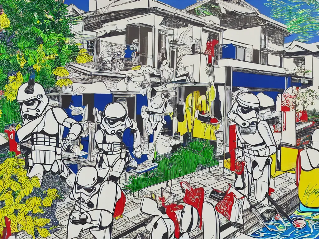 Image similar to hyperrealism composition of the japanese house with a hot springs in the garden, detailed stormtrooper in hot springs, pop - art style, jacky tsai style, andy warhol style, roy lichtenstein style, acrylic on canvas