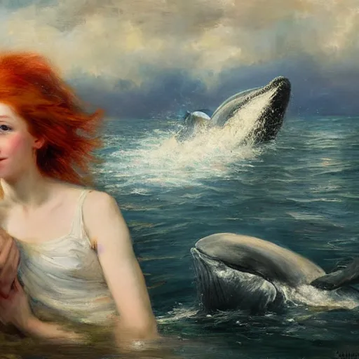 Image similar to a portrait of a red headed young woman hugging a whale in a scenic environment by Gerhartz, Daniel F.