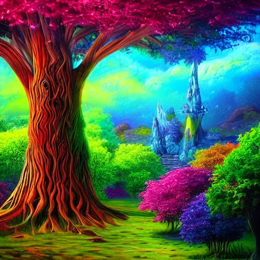 Prompt: magical realism fantasy tree art detailed painting colourful 8K 3D