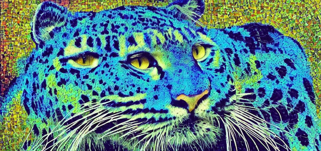Image similar to impressionistic mosaic of the god of nature, the blue panther