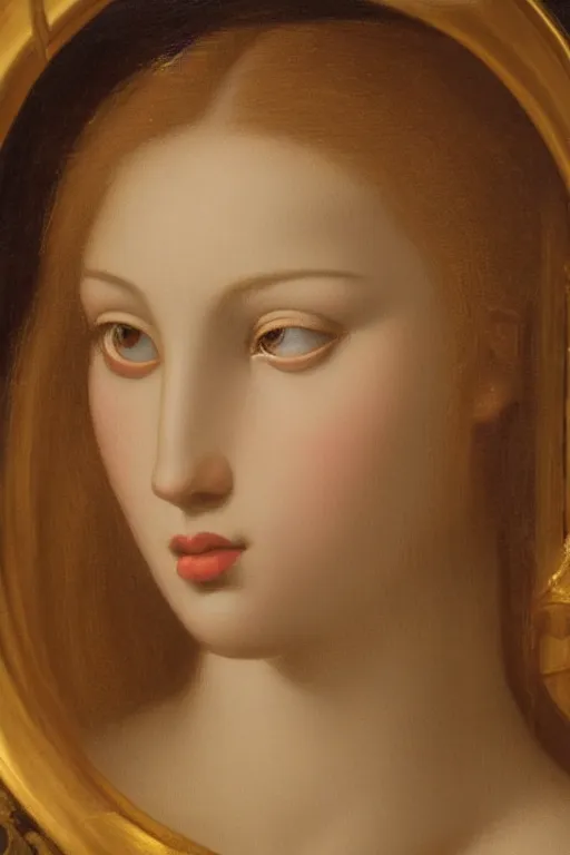 Image similar to Beautiful girl, calm face, closeup, ultra detailed, made in gold, Guido Reni style