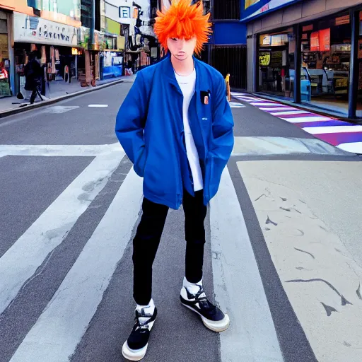 Image similar to orange - haired anime boy, 1 7 - year - old anime boy with wild spiky hair, wearing blue jacket, shibuya street, bright sunshine, strong lighting, strong shadows, vivid hues, sharp details, subsurface scattering, intricate details, hd anime, anime movie, 2 0 2 1 anime