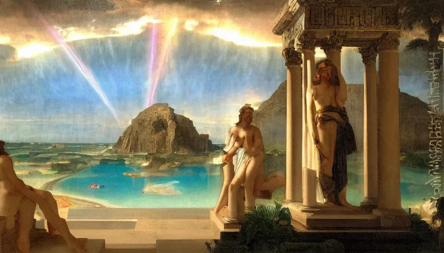 Image similar to From Inside the giant Palace, mediterranean balustrade and columns line, refracted sparkles, thunderstorm, greek pool, beach and Tropical vegetation on the background major arcana sky and occult symbols, by paul delaroche, hyperrealistic 4k uhd, award-winning, very detailed paradise