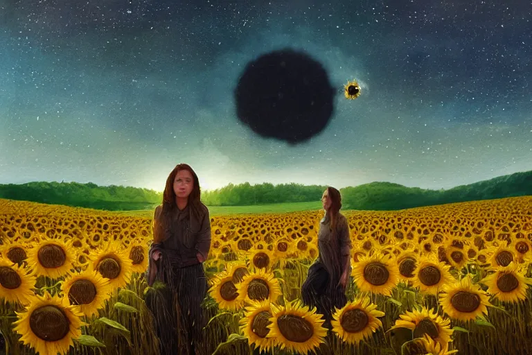 Image similar to giant sunflower as a head, girl walking in wheat field, hills, surreal photography, dark night, star trails, dramatic light, impressionist painting, clouds, digital painting, artstation, simon stalenhag