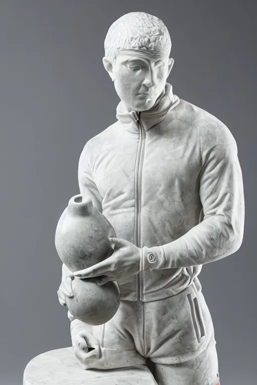 Image similar to marble sculpture of man in Adidas winter jacket, sportswear holding a marble bottle, intricate sculpture, chiseled muscles, godlike, museum photo