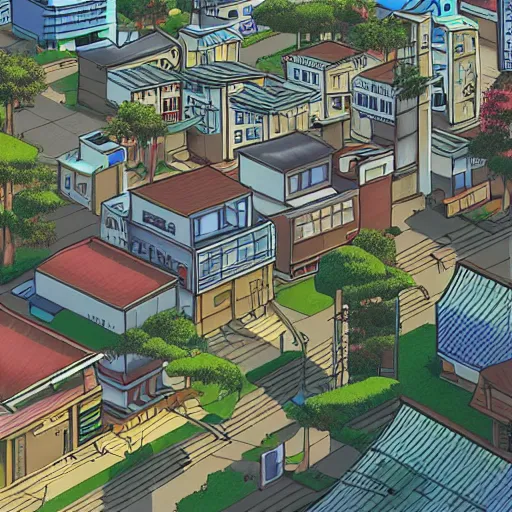 Image similar to japanese town, neighborhood, surreal neighborhood, street view, modern neighborhood, japanese city, underground city, modern city, tokyo - esque town, 2 0 0 1 anime, cel - shading, compact buildings, sepia sunshine