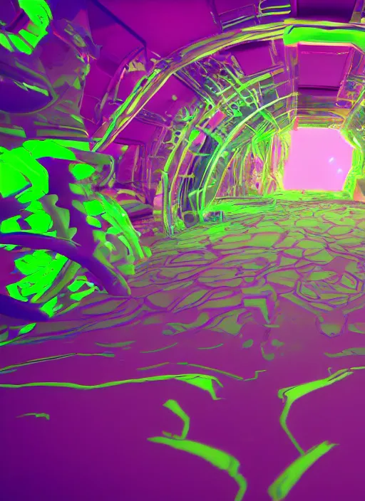 Image similar to : hyperbolic color abstract glossty shapes immersive experience meowwolf dalle2 macro lens 3d render unity unrealengine octane