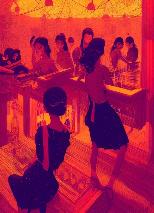 Prompt: sensual beautiful young delhi girls wearing western little black dresses at a bar, epic scene, by victo ngai, kilian eng vibrant colours, dynamic lighting, digital art, winning award masterpiece, fantastically beautiful, illustration, aesthetically inspired by beksinski and dan mumford, trending on artstation, art by greg rutkowski, 8 k