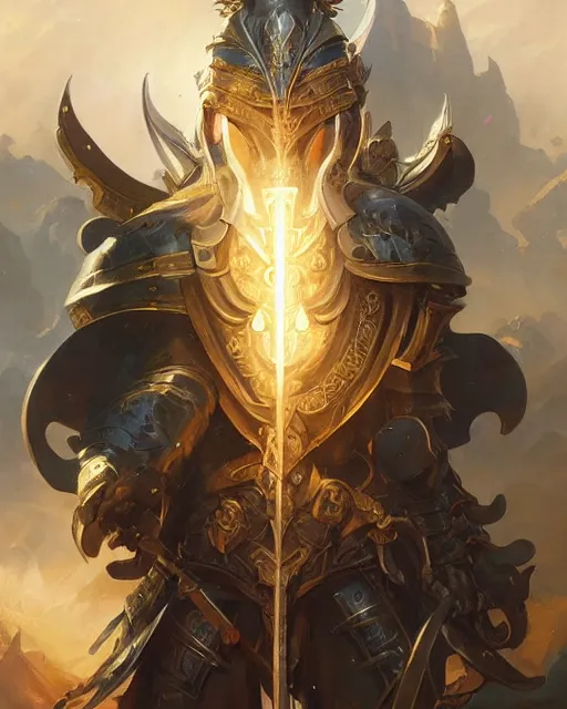 Image similar to Highly detailed Champion paladin in black gold intricate and ornate armor, unreal engine, fantasy art by peter mohrbacher, Greg Rutkowski, Loish, Rhads, radiant halo of light