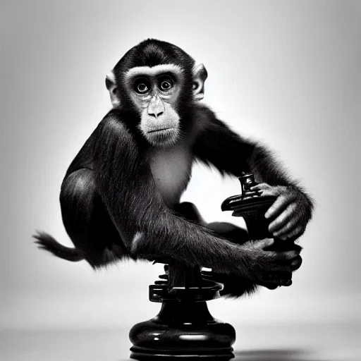 Image similar to black and white portrait photo of a monkey eating a chess piece by annie liebovitz,