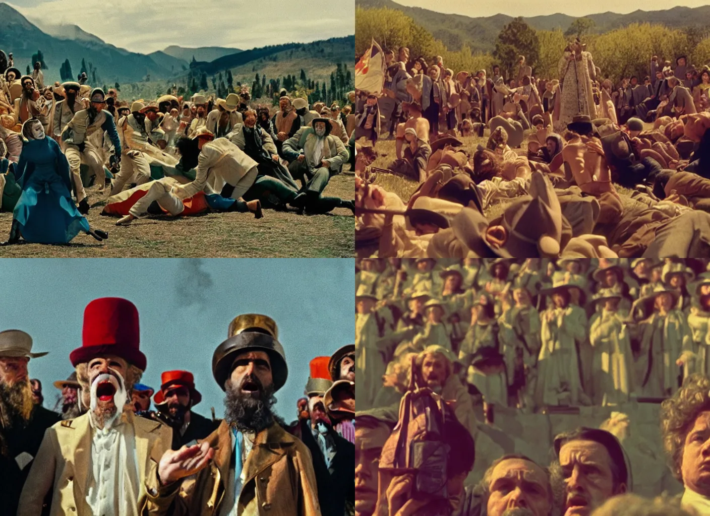 Prompt: the capitol riot in the style of a 7 0 mm still from the holy mountain film by alejandro jodorowsky, intense scene in a picturesque outdoors setting, close - up view of the actors faces, technicolor, 8 k