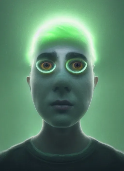 Image similar to an ethereal, misty portrait of a minion whose face is accented with neon - toned glowing eyeliner. the makeup floats off his face and joins swirling clouds of smoke and fog, becoming an aurora. muted tones. surreal portrait, cinematic lighting, 8 k, smooth, sharp focus, digital painting, rendered in octane, painted by tom bagshaw, artgerm