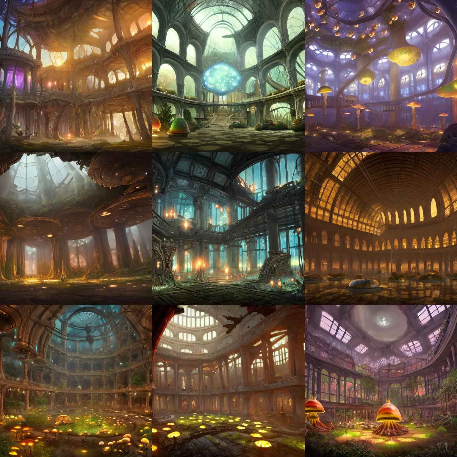Prompt: Matte painting of the interior view of giant atrium. Glowing mushrooms. Fantastical, detailed digital art trending in artstation