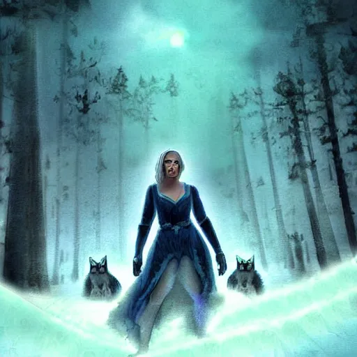 Image similar to of eurielle in a epic cinematic scene surrounded by wolves digital art in the style of greg retowski
