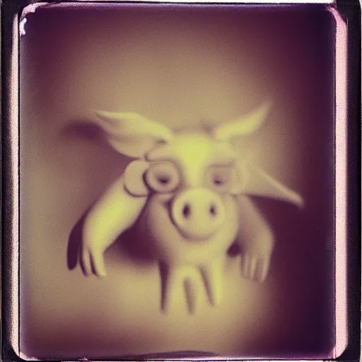 Prompt: ghostly human pig chimera, megalophobia, expired film, old polaroid,