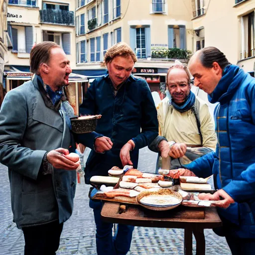 Image similar to Portrait of dutch chefs impressing impressing french people with pancakes in a street in Paris, by Steve McCurry and David Lazar, natural light, detailed face, CANON Eos C300, ƒ1.8, 35mm, 8K, medium-format print