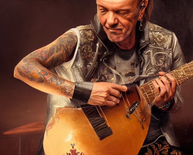 Image similar to 5 5 mm portrait photo of vasco rossi playing the lute. magical atmosphere. art by greg rutkowski. highly detailed 8 k. intricate. lifelike. soft light. nikon d 8 5 0.