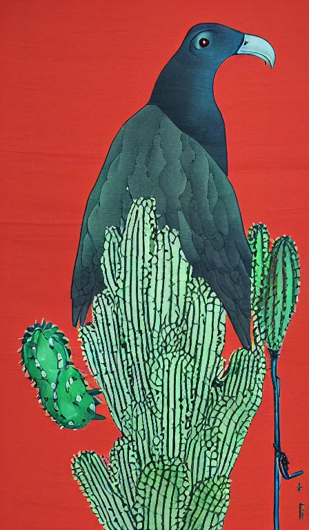 Image similar to lonely turkey vulture sitting on cactus by Shen Quan, hanging scroll, ink and colours on silk