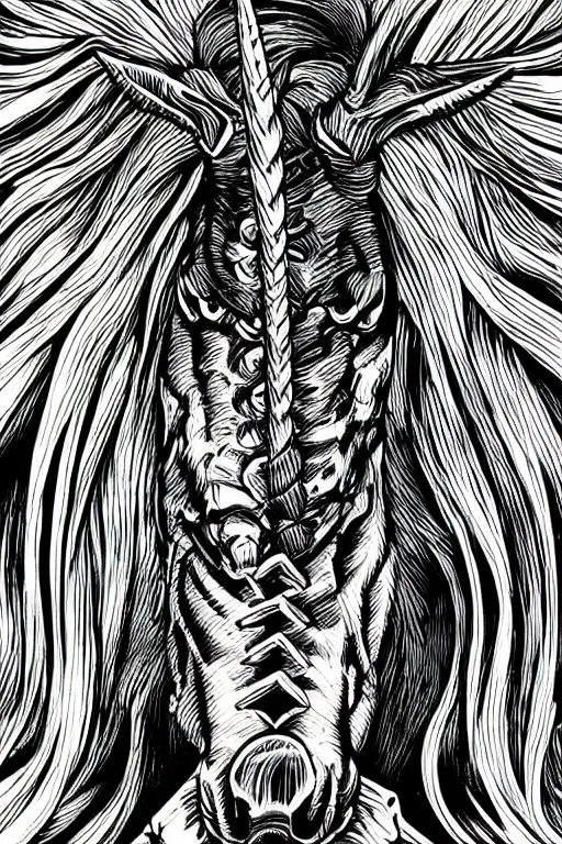 Image similar to a vicious unicorn, symmetrical, highly detailed, digital art, sharp focus, trending on art station, kentaro miura manga art style